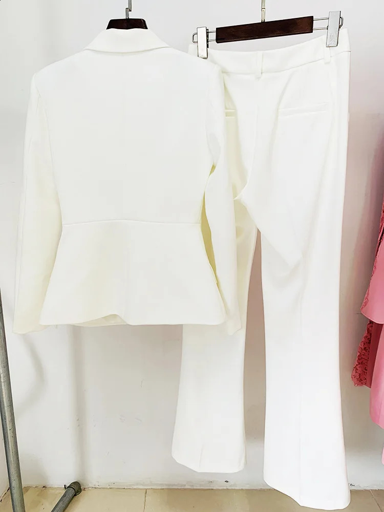 HIGH STREET est Runway Suit Set Womens Pearl Button Slim Fit Blazer Micro Flared Pants Set Two Piece Set 250210