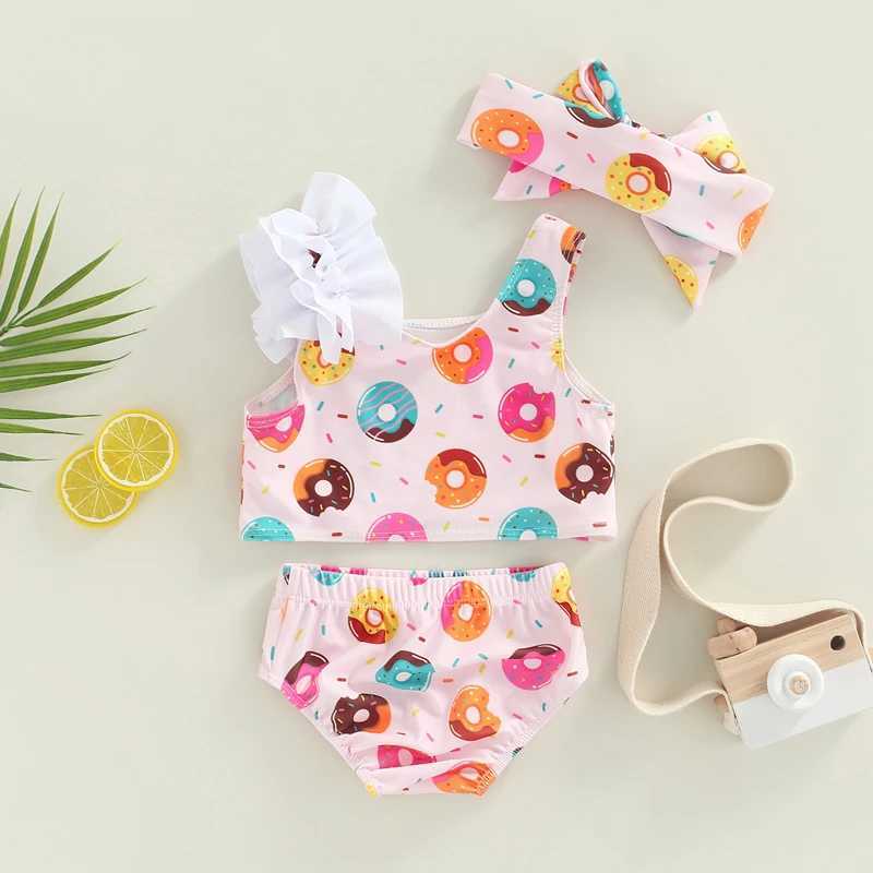Yiiciovy 0-3 Years Newborn Infant Baby Girl Swimwear Doughnut Print Asymmetric Strappy Bikini Sets + Headbands Swimsuit Set 2023XJ250214