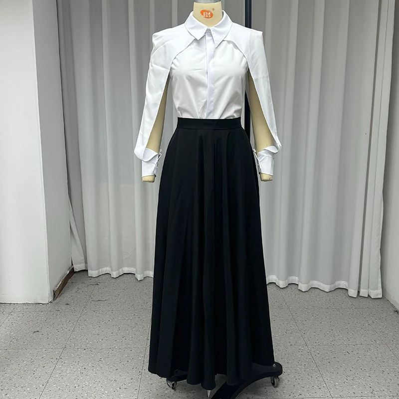 Wefads Autumn Winter Two Piece Set Elegant Solid Long Sleeve Hollow Out Laple Shirt Top Loose Black Dress Sets Women Clothing 250214