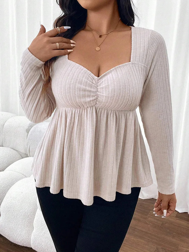 GIBSIE Plus Size Sweetheart Collar Solid Peplum Shirt Womens Spring Autumn Long Sleeve American Elegant Style Ultra Thin Short Top 250210