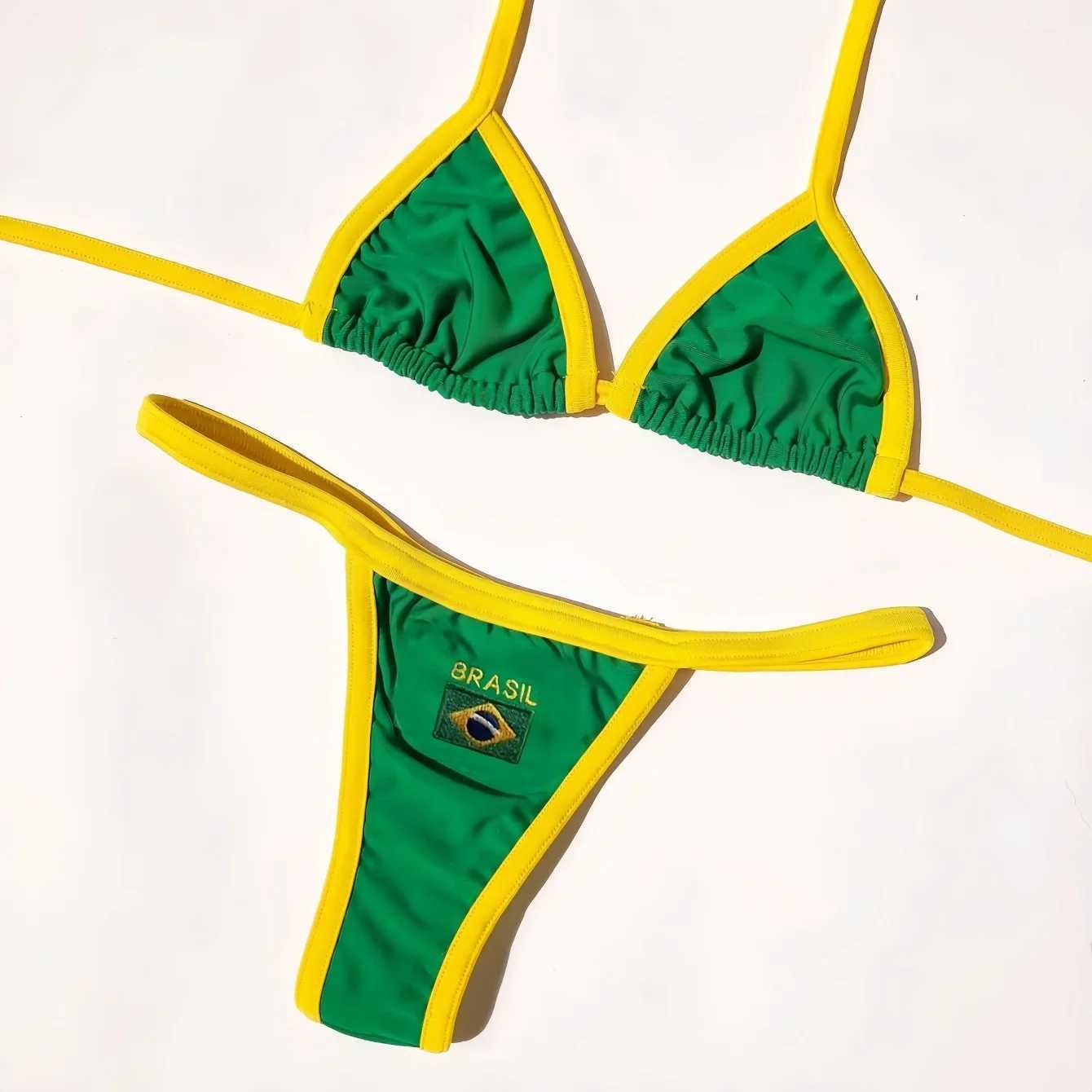 RUOTONSEPT Sexy Embroidery Brasil Flag Contrast Split Bikini Set Women Swimwear Patchwork Swimsuit Hottie Outfit SummerBeachwearT250214