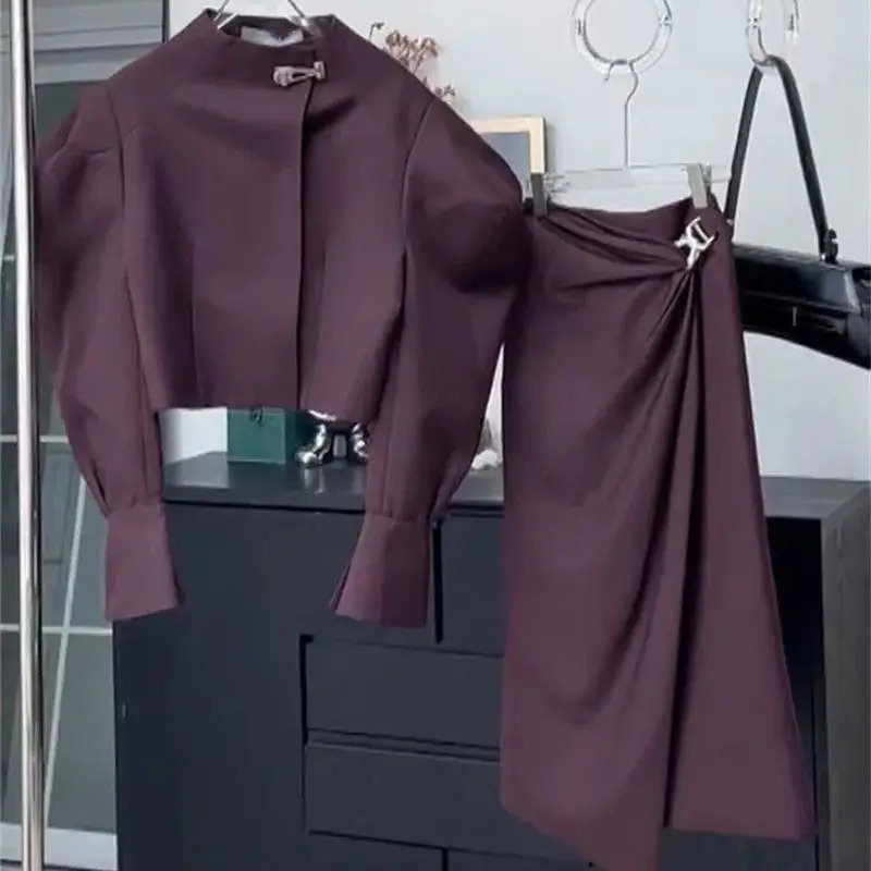 Autumn Fashion er Womens Skirt Suit Elegant Office Lady Solid Color Short Jacket Fold Long Skirt Two-Piece Set J309 250210