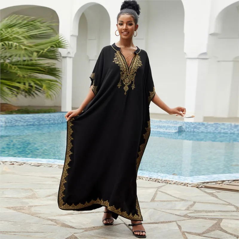 Womens Vintage Loose Dress Cotton Beach Cover-up Embroidered Robe Vacation Sun Protection Bikini Cover-up Sexy Dresses For Women 250213