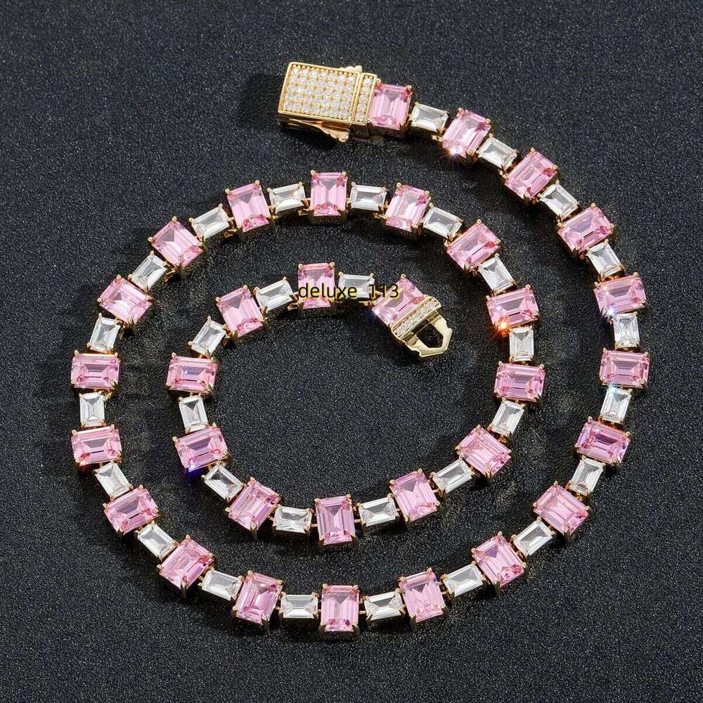 Hip hop pink color blocked square Moissanite simple tennis personalized moissanite collarbone chain hip-hop trendy brand necklace