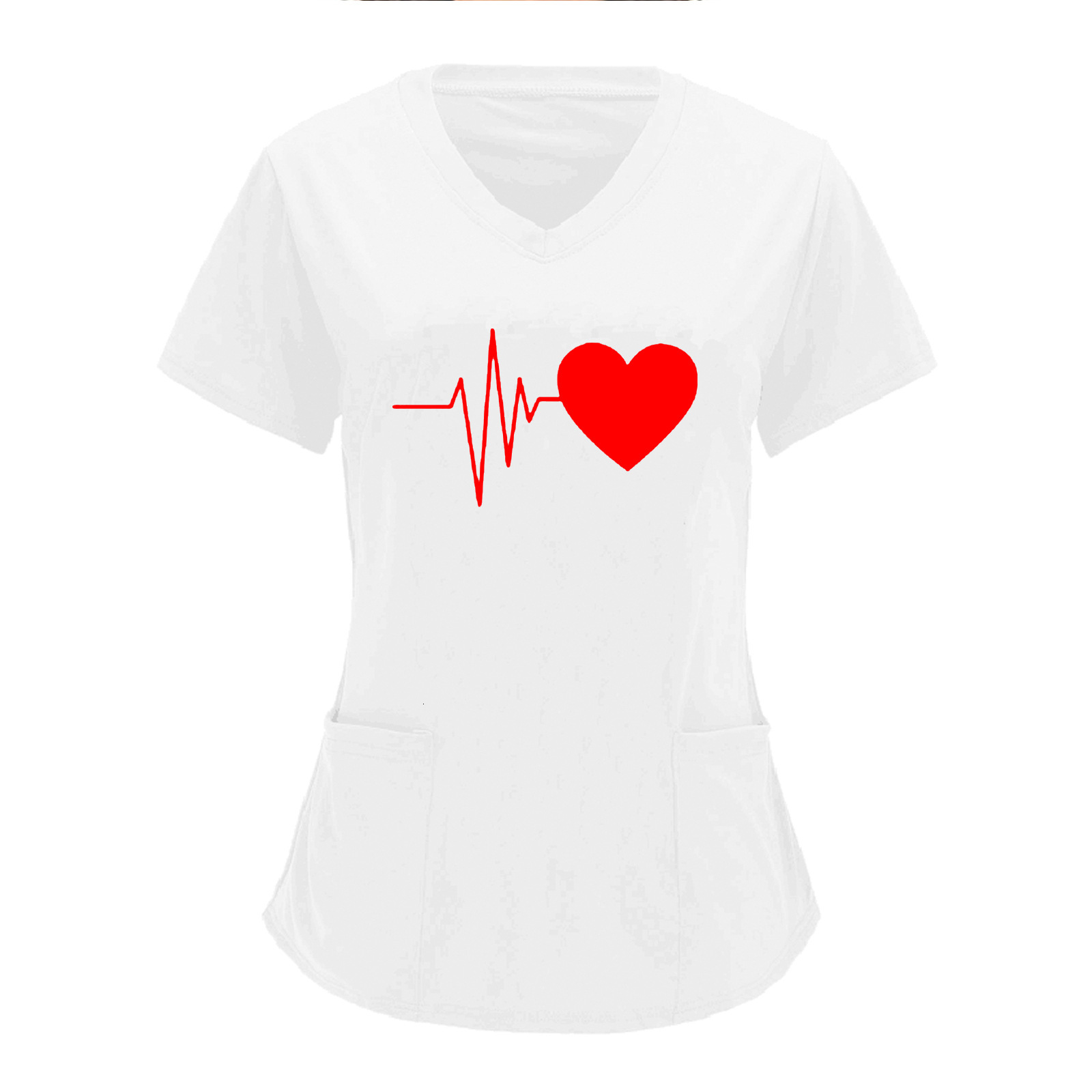 2025 Designer Nurse Protective Work Clothes V-neck Double Pocket Heartbeat Printed Shirt Short Sleeve T-shirt Large Size