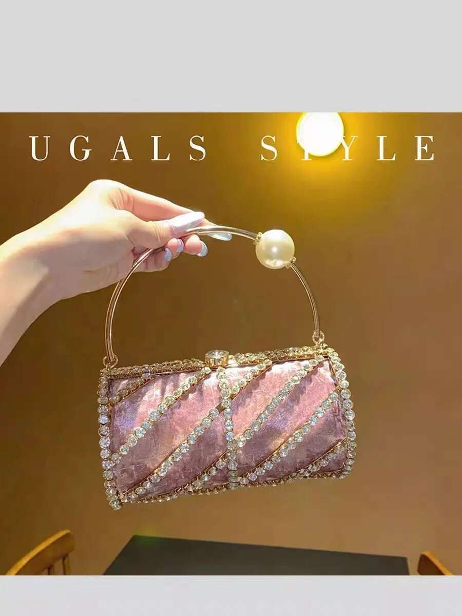 Hollow Out Metal Barrel-Shaped Veet Women Handbag Crystal Shiny Dias Evening Wedding Party Clutch Purse Crossbody Bag