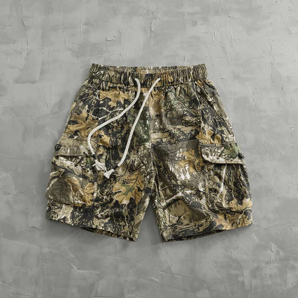 Vintage De Spot Camouflage Cargo Shorts Men's Loose Straight Leg Summer New Multi-Pocket Quarter Casual Pants Trend