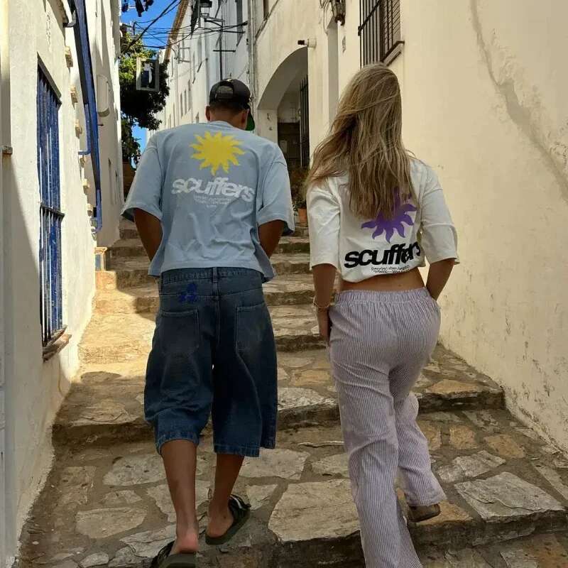 Men's and women's short-sleeved t-shirt, scuffers style, with carillon print, surfcases, holiday, luxury brands, street, South America, 2025