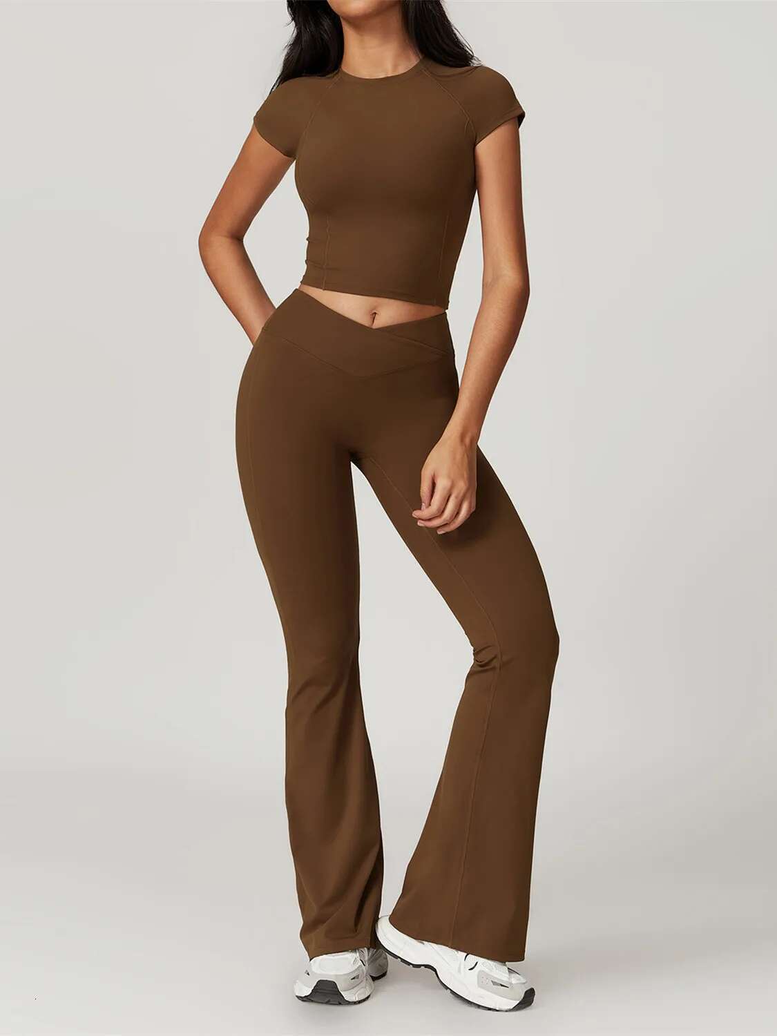 Yoga Set Women Short Sleeve Crop Top Slim Fit Stretchy High Waist Flare Leggings Fiess Suit Workout Gym Running Tracksuit