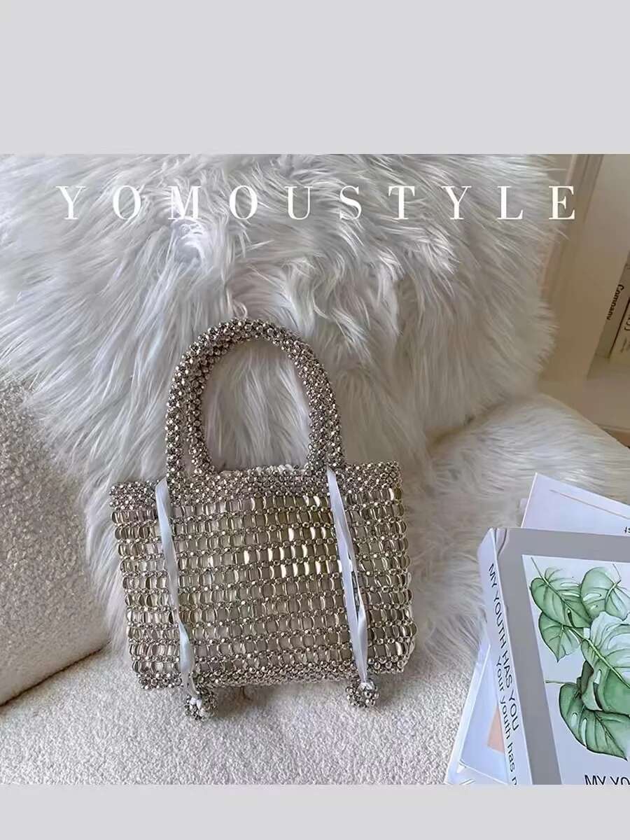 Metallic Shiny Beads Beading Bucket Large Capacity Fashion Women Handbag Woven Handmade Shoulder Lady Purse Casual Bag