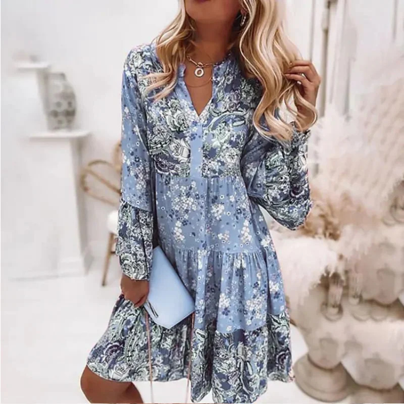 Womens Spring and Autumn Knee Length Dress Sexy V-neck Style Sweet Printed Temperament Long Sleeve Swing Dress Boho Dress 250213