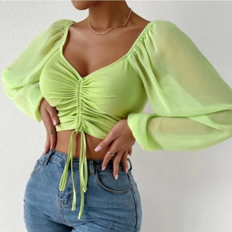ALLUKASA Sexy Mesh Lantern Sleeves Drawstring Wrap Chest Bare Midriff T Shirt Women Long Bottoming 250211
