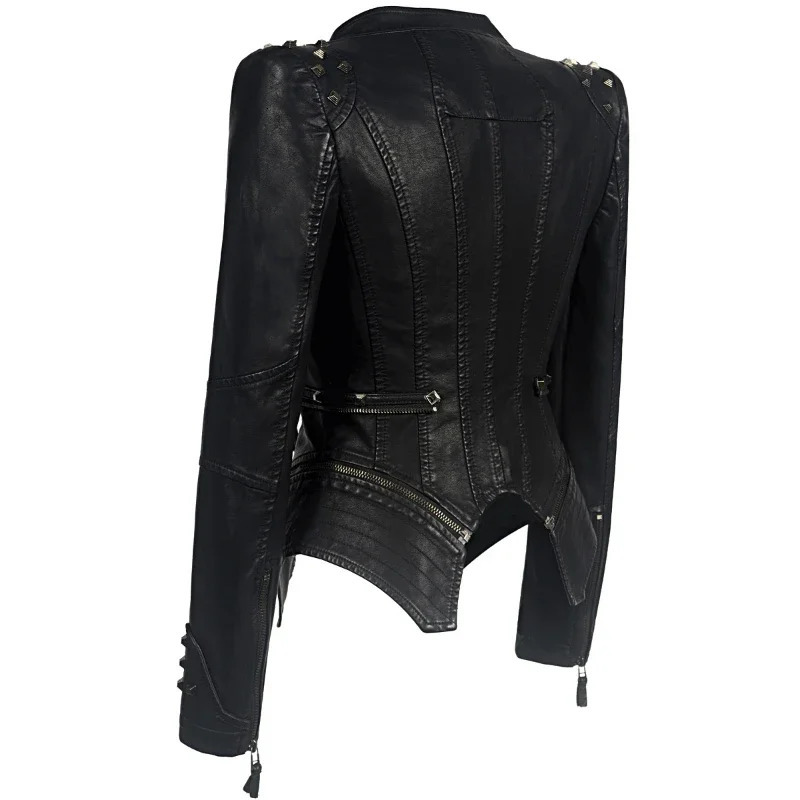 Autumn Winter Leather Jacket Women Gothic Models Shrug Rivets Clothing Slim Waist Washed Biker PU Top 250211