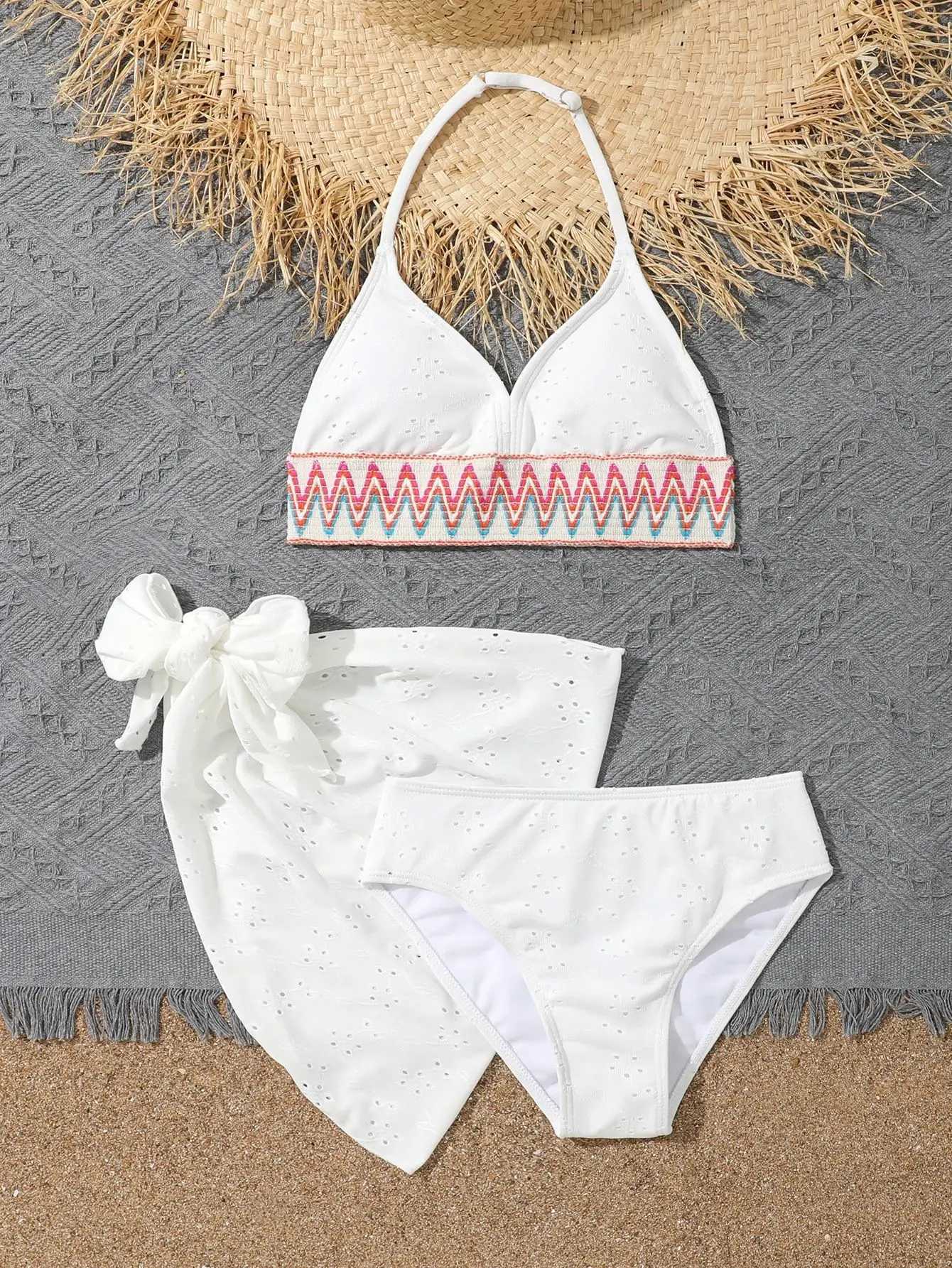 3 Pieces White Halter Bikini 2023 Girls Swimsuit Beach Skirt Kids Swimwear Female Bathers Bathing Swimming Swim Suit BeachwearXJ250214