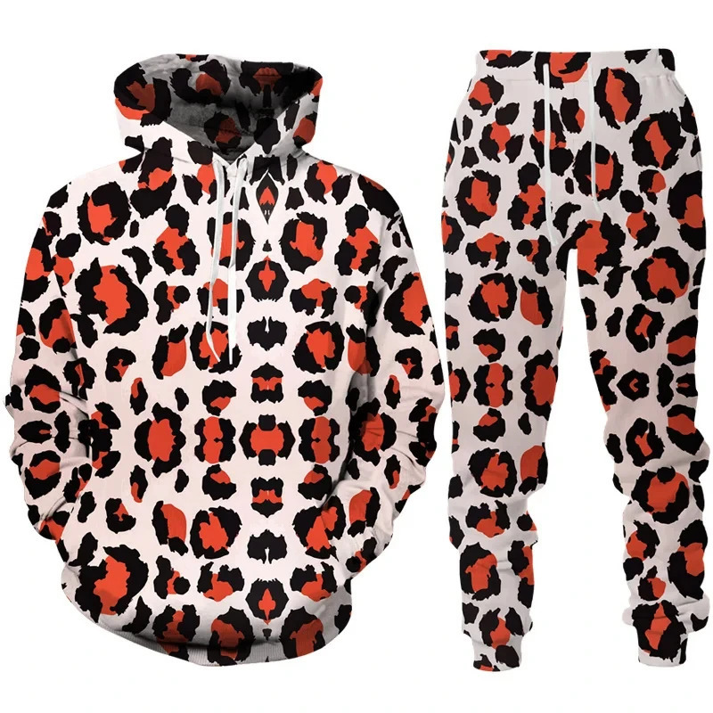 3D Leopard Print Mens Hoodie Pants 2Pcs Outfits Casual Men Women Hooded Sweatshirt Sets Autumn/Winter Oversized Tracksuit Suits 250214
