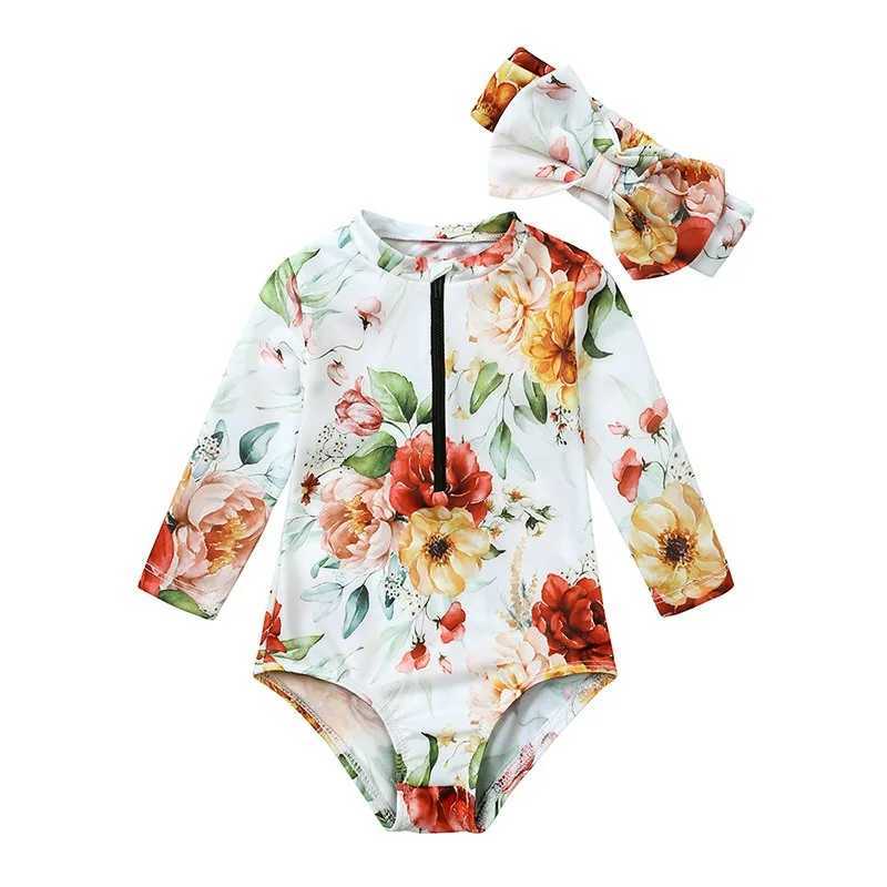 European Kids Swimsuit New Surfing Suit Floral Printed Baby Girls Swimwear Kids One Pieces Bathing Suit Monokini with HeadbandXJ250214