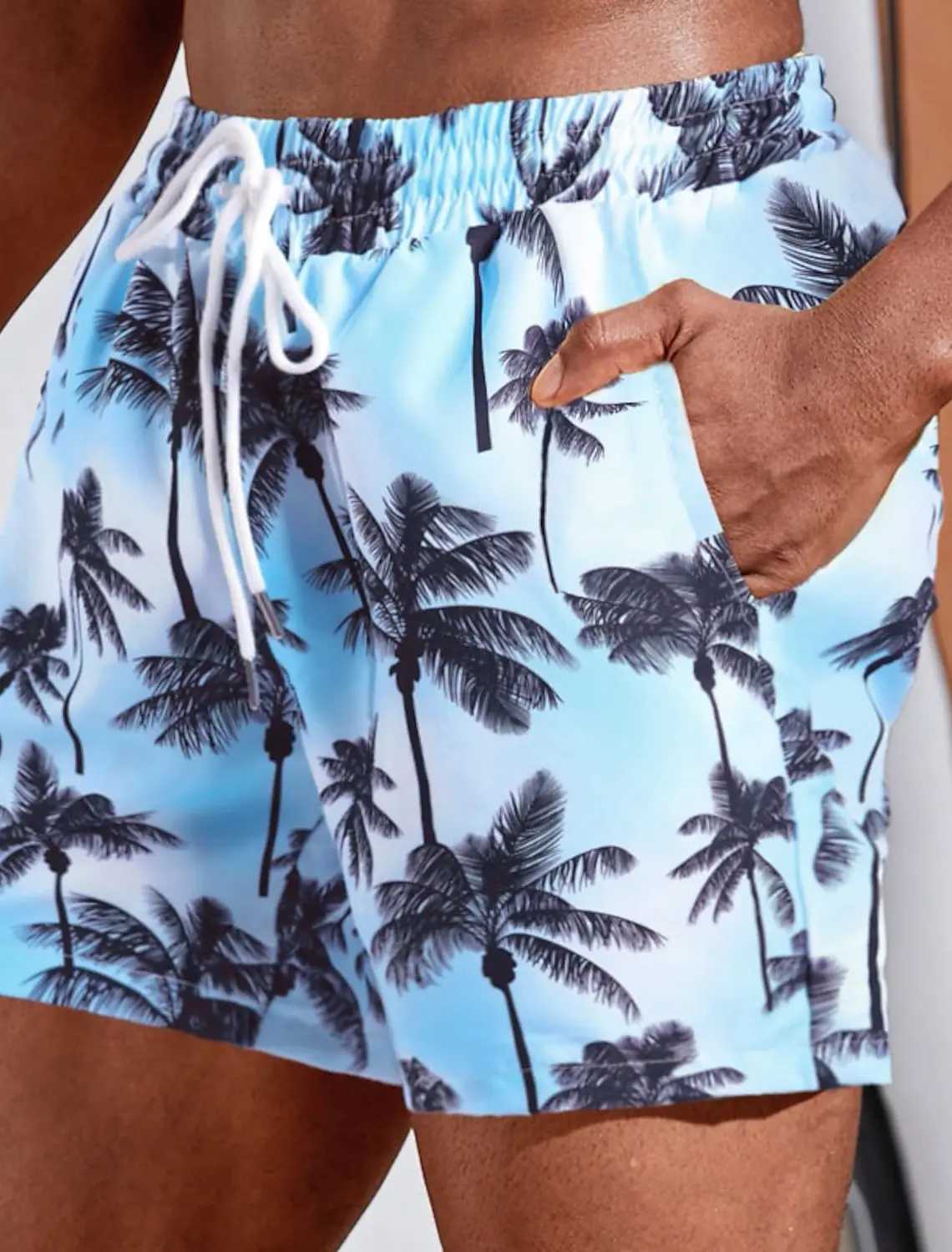 Mens Beach Shorts Summer Hawaii Coconut tree Drawstring Mens swim Trunks Elastic Waist 3D Print Gradient Breathable Shorts W250215