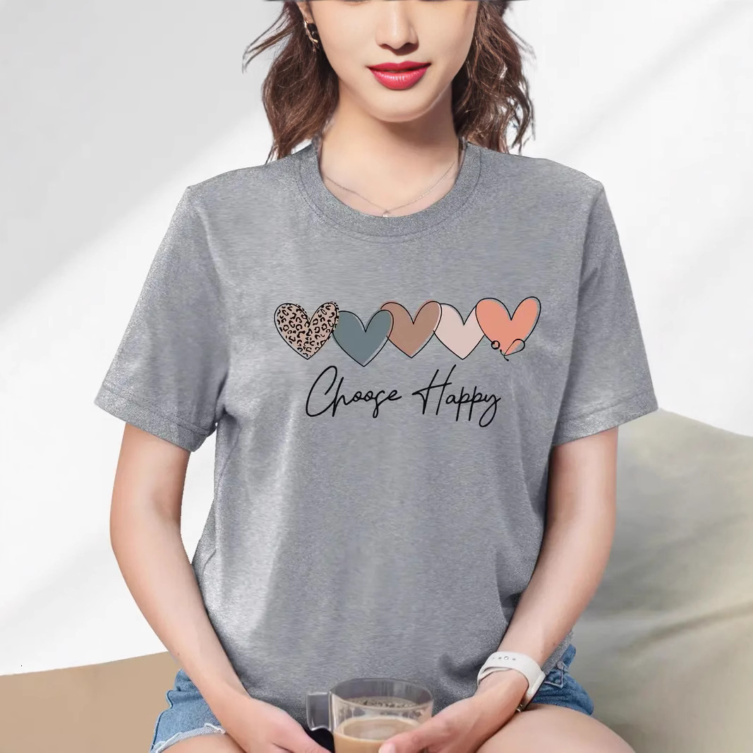 Designer Fashion Trend Free Shipping Digital Printed Love Pattern Valentine Day Short Sleeved T-shirt 2025 Women Round Neck Top