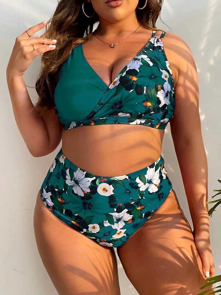 2023 Plus Large Size Ruffle Bikini Floral Swimwear Women Trim Tie Front Swimsuit Female High Waist Swimming Bathing SwimsuitW250214
