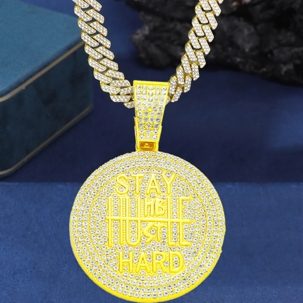 STAY HARD Round Pendent Necklace with Iced Cuban Link Chain Rapper Gift for Men Women 250214