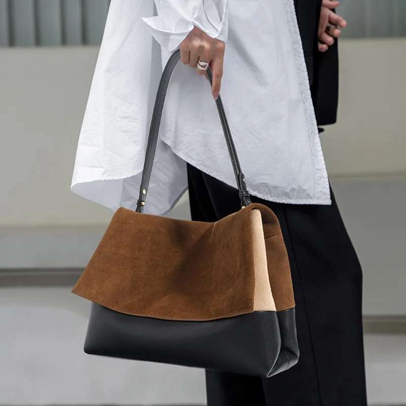 2023 Winter Suede Leather Women Underarm High Quality Retro Tote Bag Designer Female Cowhide Panelled Commute Handbag