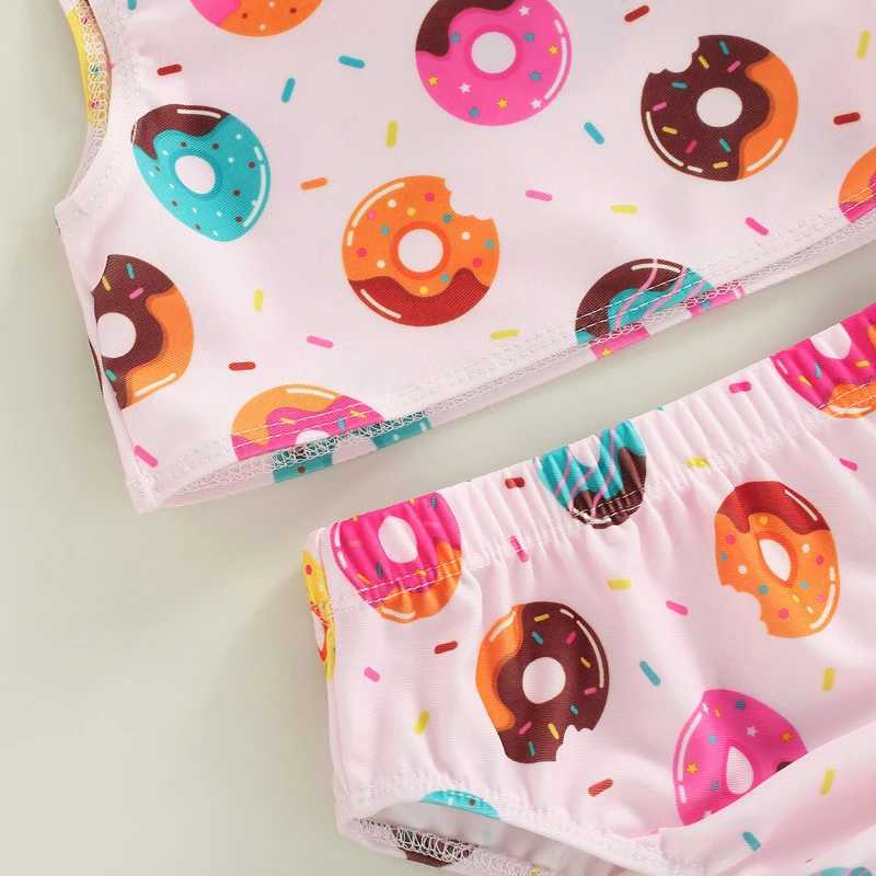 Yiiciovy 0-3 Years Newborn Infant Baby Girl Swimwear Doughnut Print Asymmetric Strappy Bikini Sets + Headbands Swimsuit Set 2023XJ250214