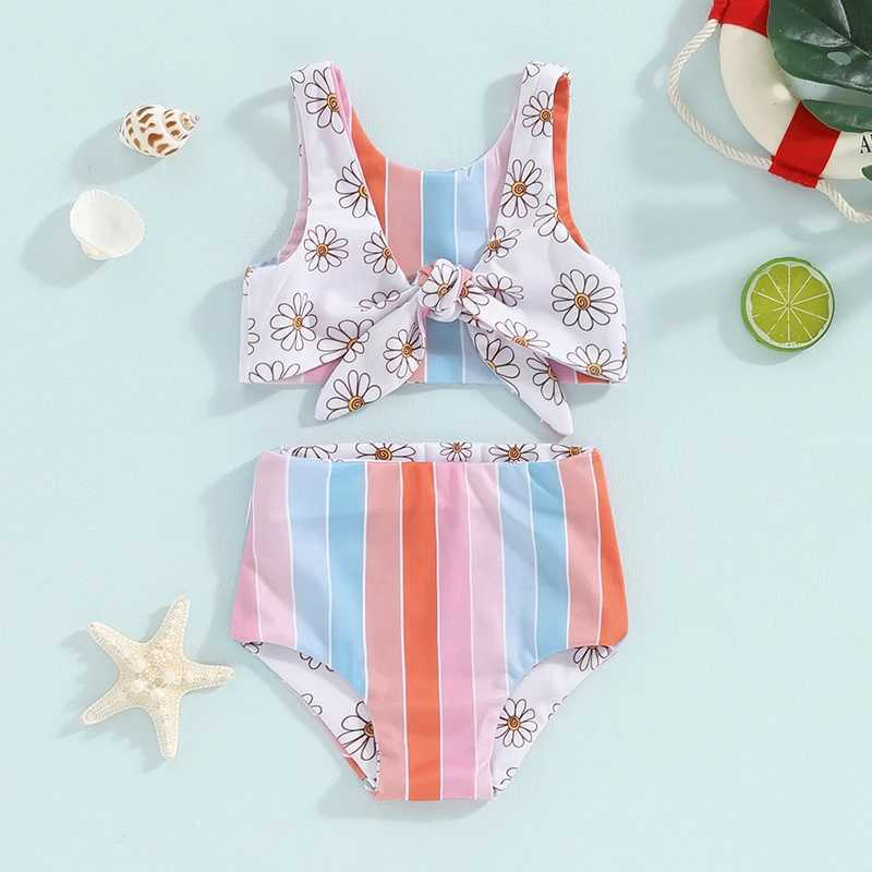 Kids Girl Two Piece Swimsuits Summer Striped/Floral Print Knotted Tankini and Elastic Shorts Set Bikini Bathing SuitsXJ250214
