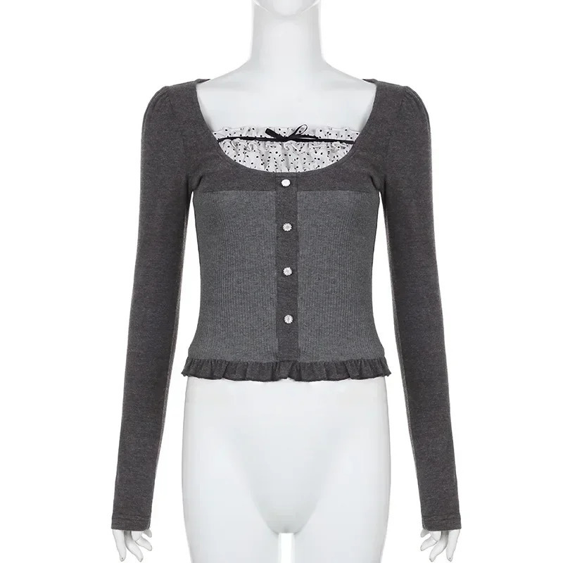 Y2K Polka Dot Print Contrast Patchwork Knitted Tops Grey Autumn Spring Cute Bow Tshirts Slimfit Long Sleeve Knitwear 250211
