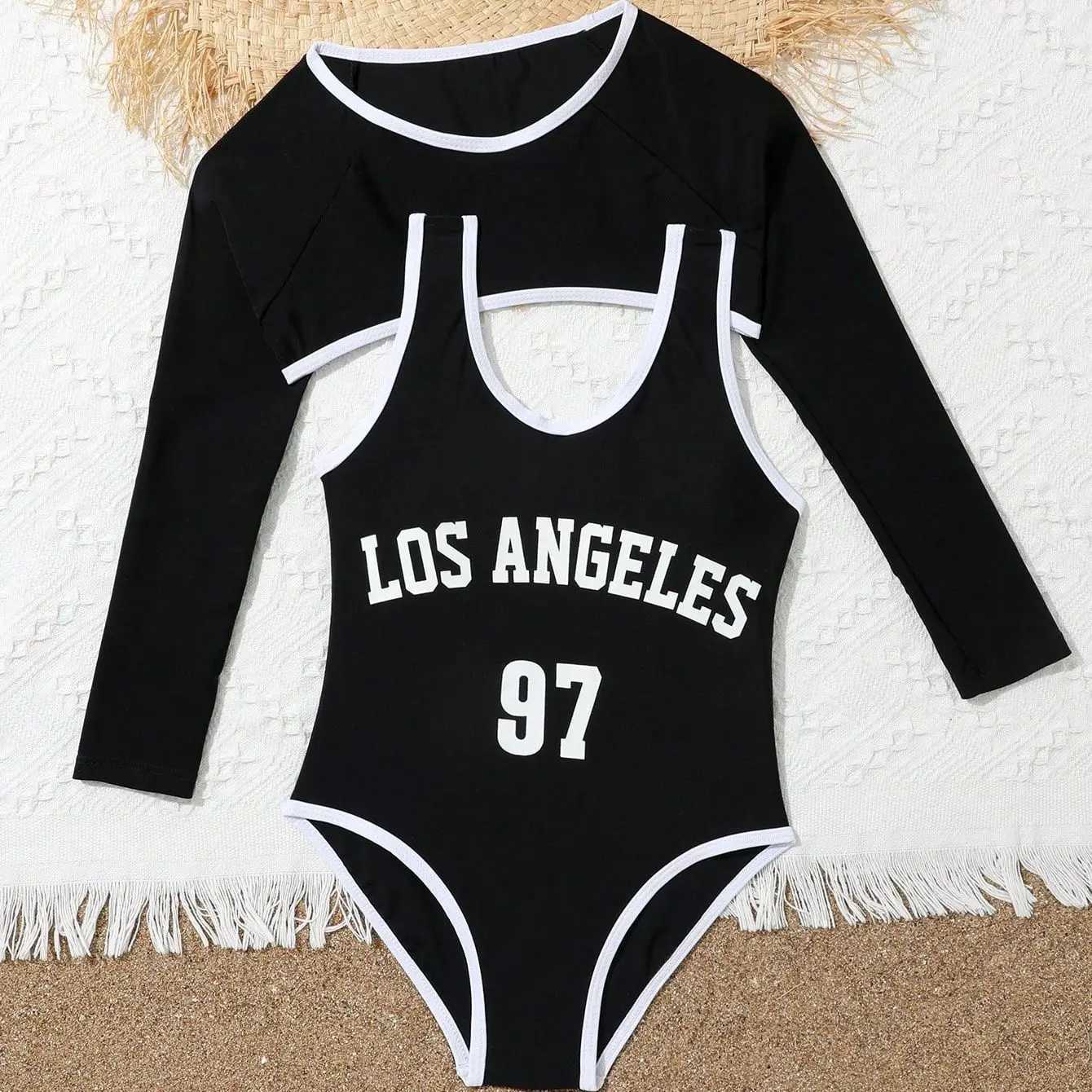 Girls Child One Piece Swimsuit with Long Sleeve Cover Up Top 7-12 Years Childrens Swimwear 2024 Teens Bathing Suits for KidsXJ250214