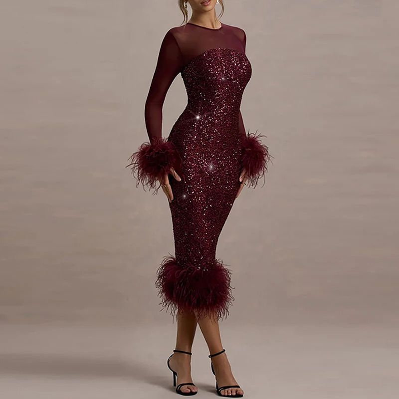 Spring Sequin Patchwork Mesh Party Dresses Women Sexy O Neck Button Hollow Long Dress Autumn Sleeve Feather Slim Hip 250214
