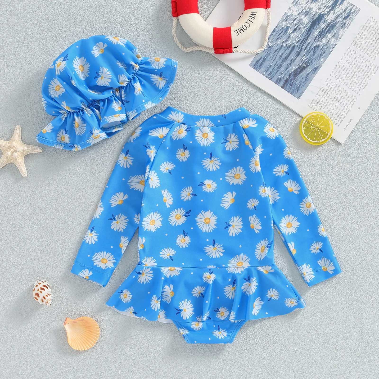 Toddler Baby Girls Floral Swimsuit Cotton Beachwear Newborn Long Sleeve Bikini with Hat Swimwear Infant Summer Bathing SuitsXJ250214