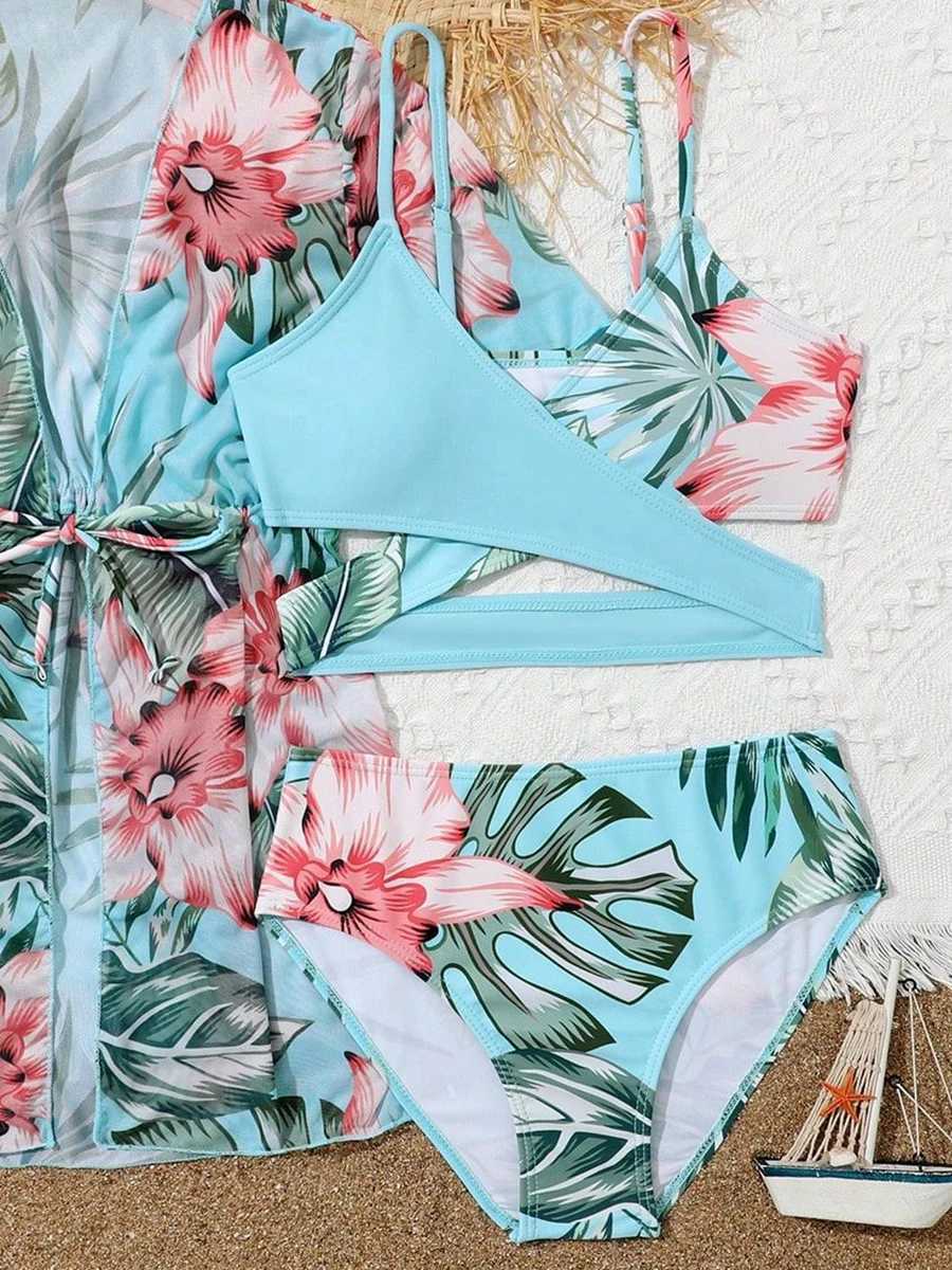 3 Pieces Bikini 2024 Girls Swimsuit Short Sleeve Kids Swimwear Female Childrens Bathers Bathing Swimming Swim Suit BeachwearXJ250214