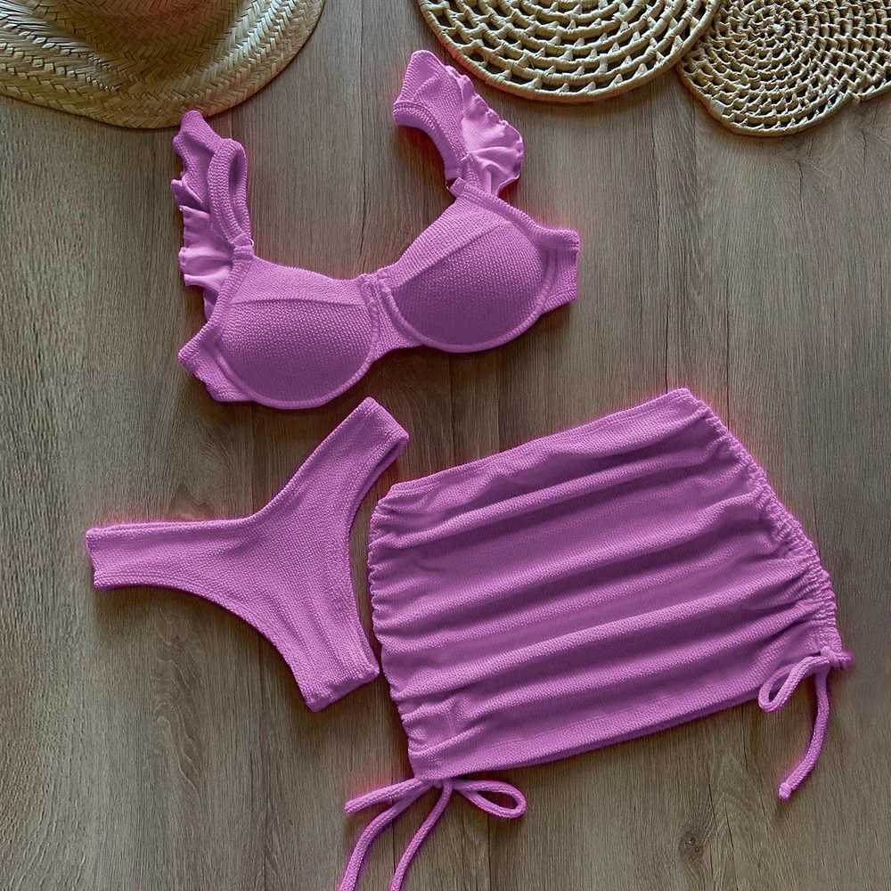 Solid Wavy Fabric Low Waist Bikini Set Cover Up Swimsuit For Women Push Up Ruffle Thr Pieces Swimwear 2025 Beach Bathing Suits X250214