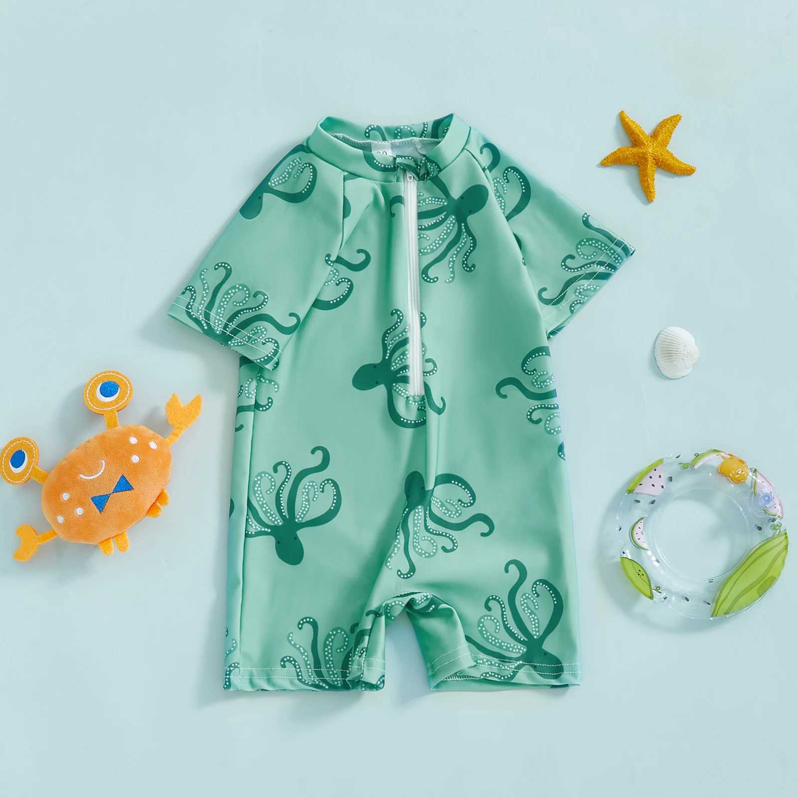 MISOWMNJOY Summer Children Boys Rash Guard Swimsuit Cute Octopus Print Zip Up Short Sleeve Baby Boys Swimwear Bathing SuitXJ250214