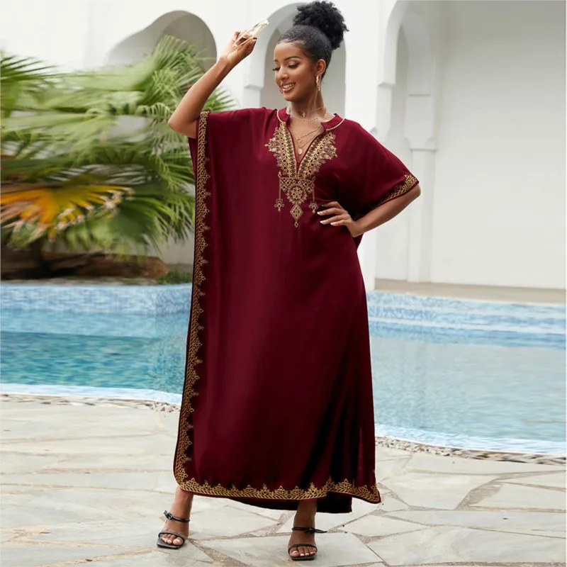 Womens Vintage Loose Dress Cotton Beach Cover-up Embroidered Robe Vacation Sun Protection Bikini Cover-up Sexy Dresses For Women 250213
