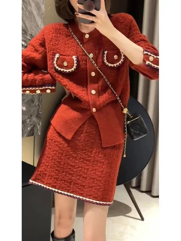 Autumn Winter Knitted Two Piece Sets Womens Office Lady Long Sleeve Knitted Cardigan Sweater High Waist Skirt Suit Womens 250210