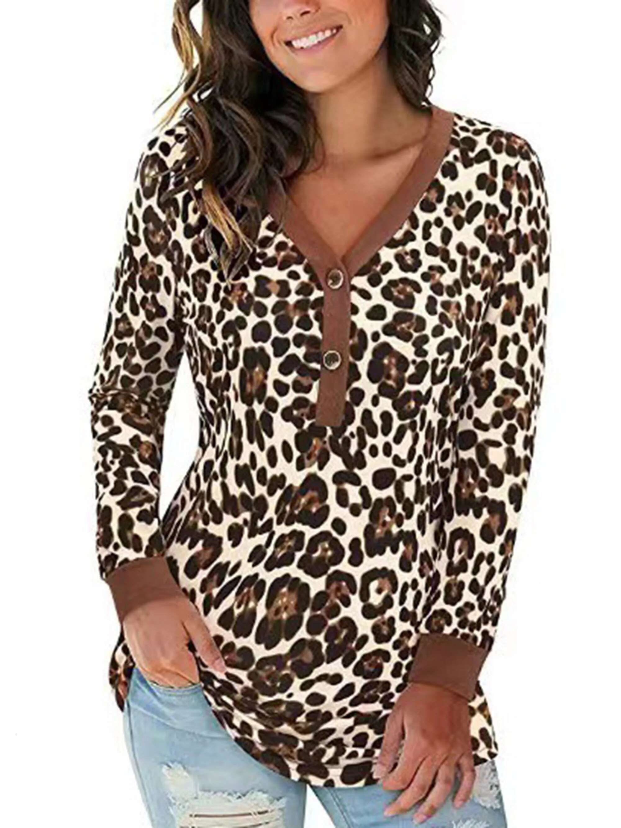 2024 Autumn Cross-Border New V-Neck Button Print Long Sleeved Contrasting T-Shirt Top For Women