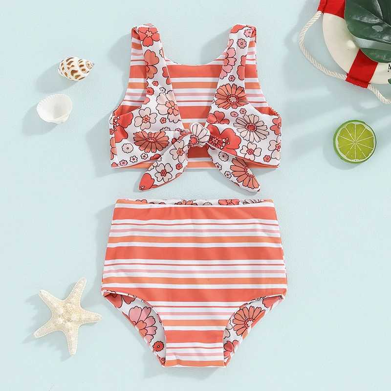 Kids Girl Two Piece Swimsuits Summer Striped/Floral Print Knotted Tankini and Elastic Shorts Set Bikini Bathing SuitsXJ250214