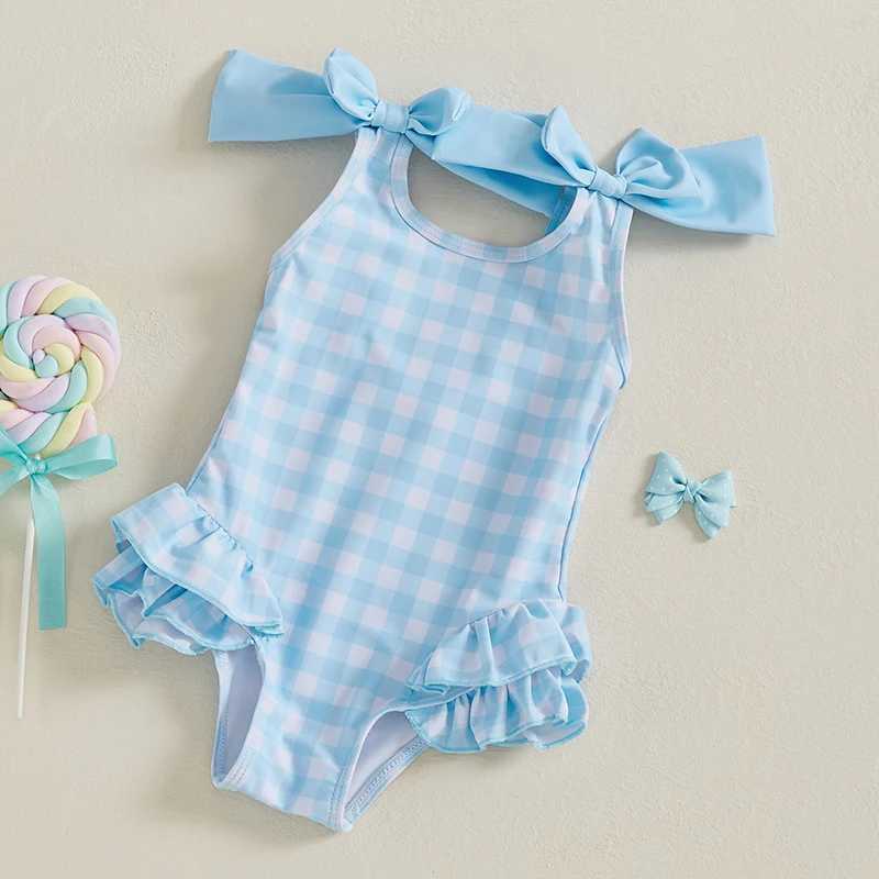 1-4Years Kids Baby Girls Swimsuits Cute Plaid Print Bowknot Shoulder Straps Ruffled Romper Bathing Suit Toddlers BeachwearXJ250214