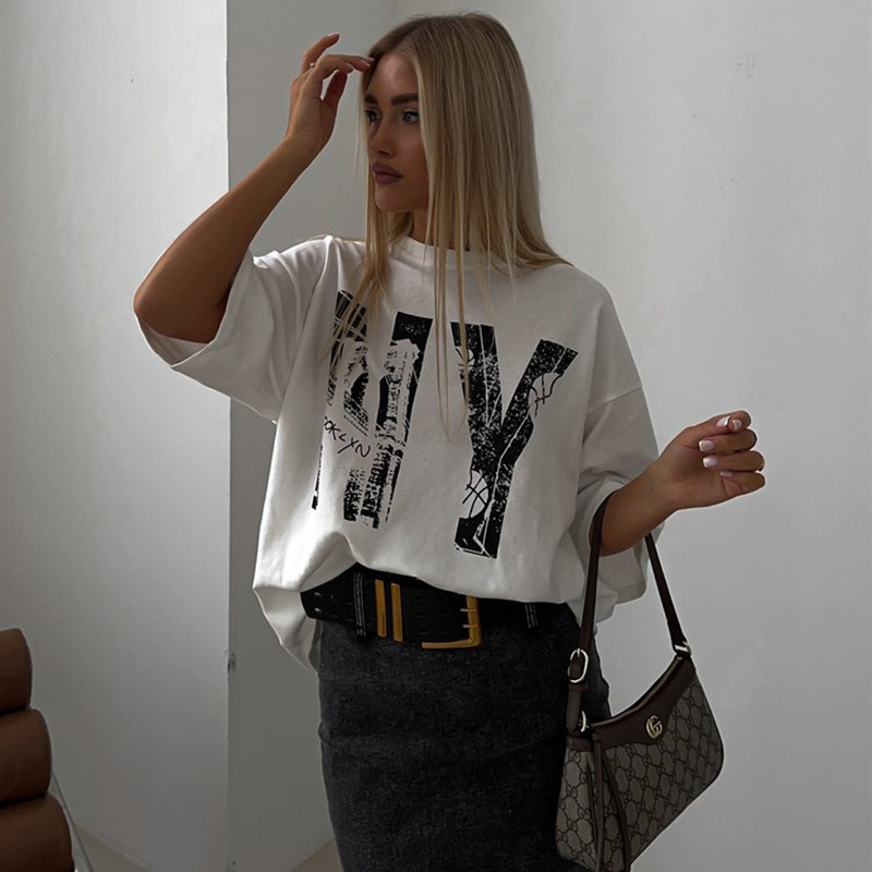 Designer Trendy Letter Printed Top 2025 Spring New Fashion Brand Versatile Round Neck Off Shoulder Sleeve Women's Short Sleeve T-shirt