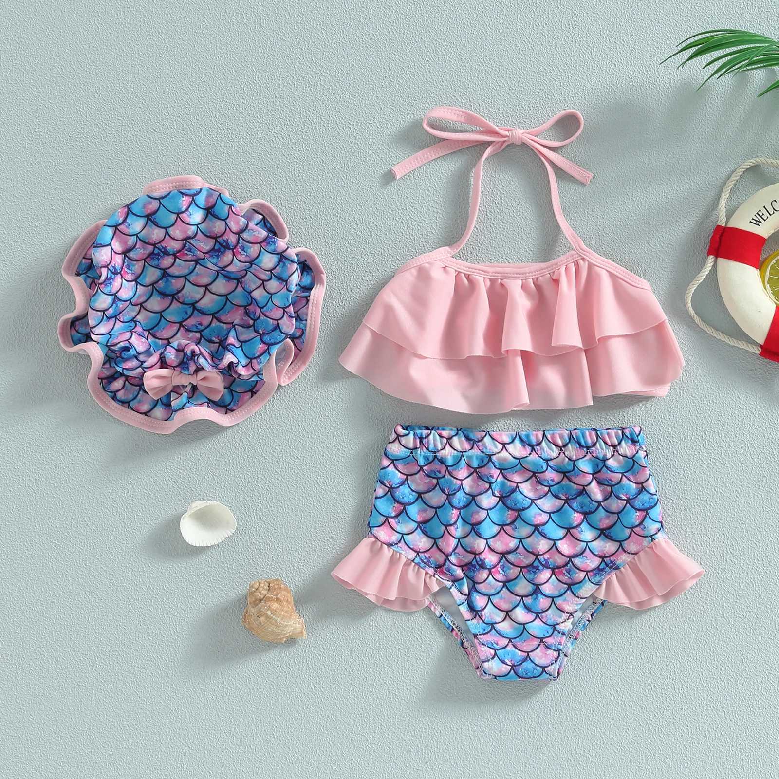 Yiiciovy Sweet Baby Kids Girls Bikini Set Swimsuit Sleeveless Hanging Neck Vest Beach Pool Shorts Swimwear with Hat Bathing SuitXJ250214