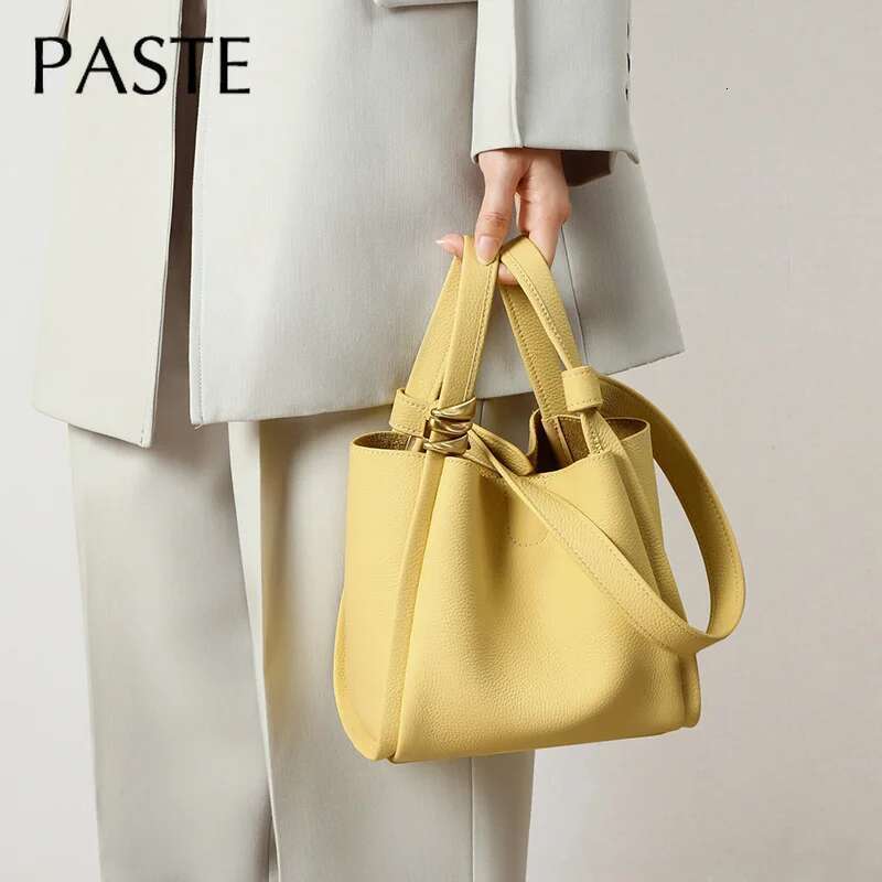 Spring Summer Yellow Bucket Tote Brand Designer Fashion Cowhide Leather Women Handbag Urious Ladies Shoulder Bag