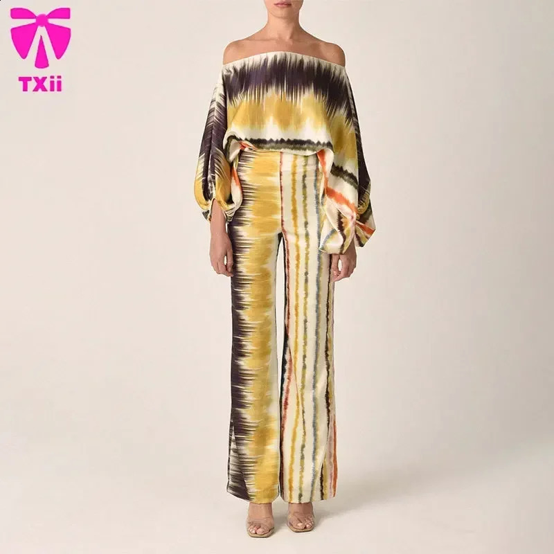 Office Womens 2-piece Set Casual Wide Leg Pants Set Printed Satin Set Lantern Sleeves Off Shoulder Long Sleeve 250210