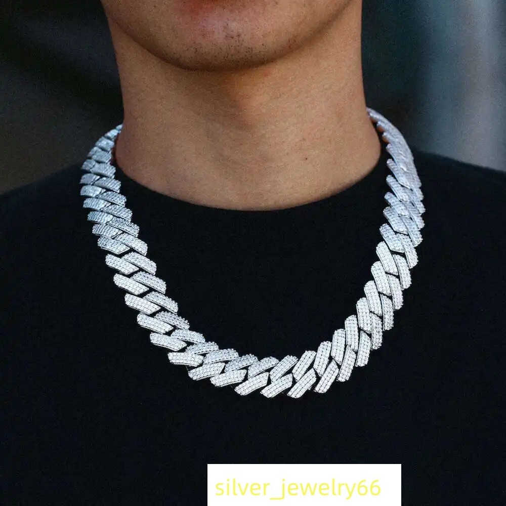 Iced Out 20mm 3 Rows S925 Moissanite Cuban Chain Vvs Diamond Hip Hop Jewelry Pendant d Color Moissanite Cuban Link Chain