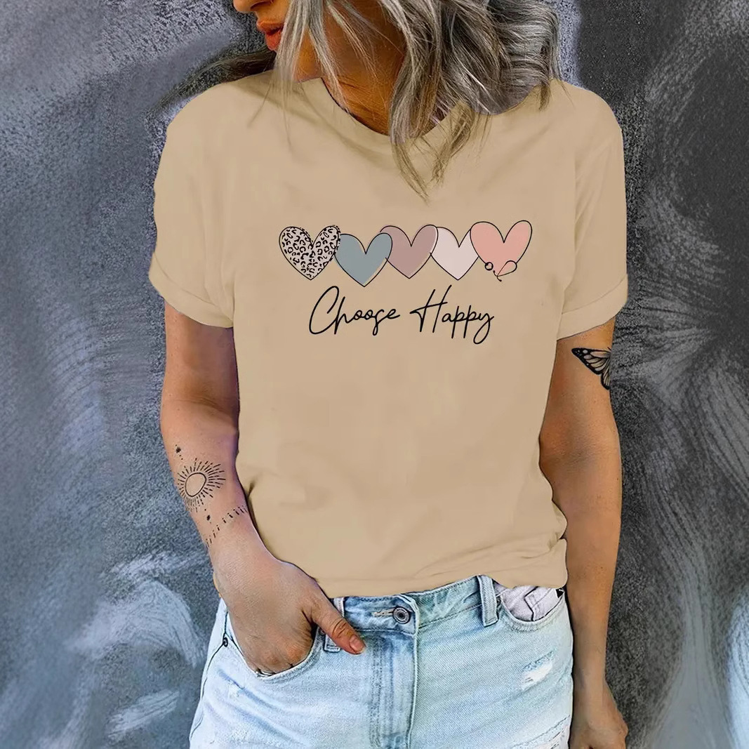Designer Fashion Trend Free Shipping Digital Printed Love Pattern Valentine Day Short Sleeved T-shirt 2025 Women Round Neck Top