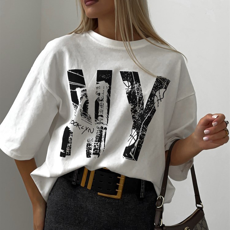 Designer Trendy Letter Printed Top 2025 Spring New Fashion Brand Versatile Round Neck Off Shoulder Sleeve Women's Short Sleeve T-shirt
