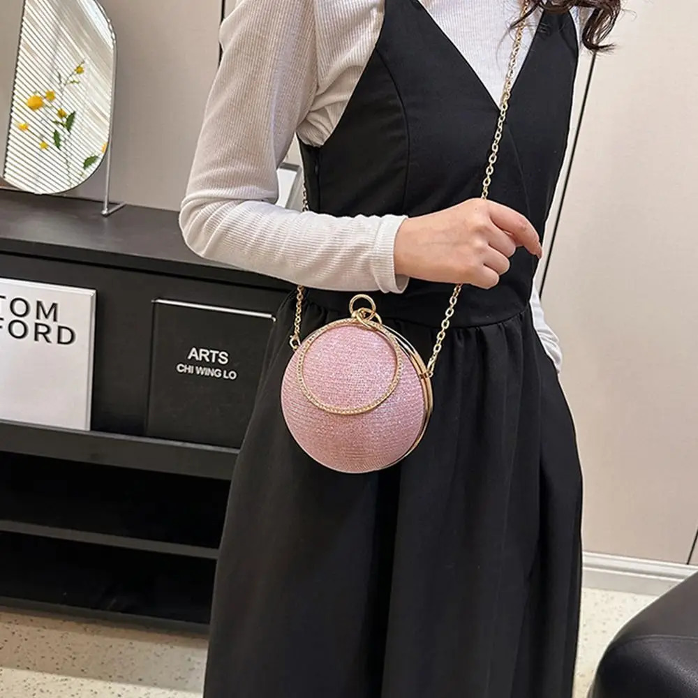 Gold Bright Silk Circular Evening Bag Women Banquet Clutch Decor Chain Shoulder Female Party Handbags y250213