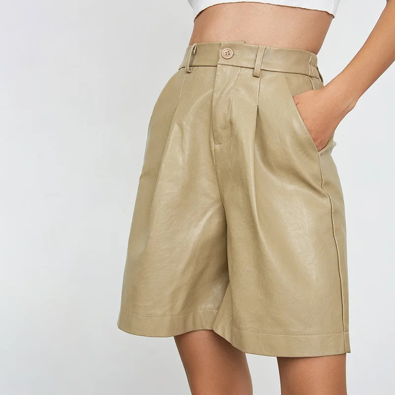 Pu Leather Womens Short Button High Quality Wide Leg Artificial Shorts British Style Waist Loose Clothing 250213