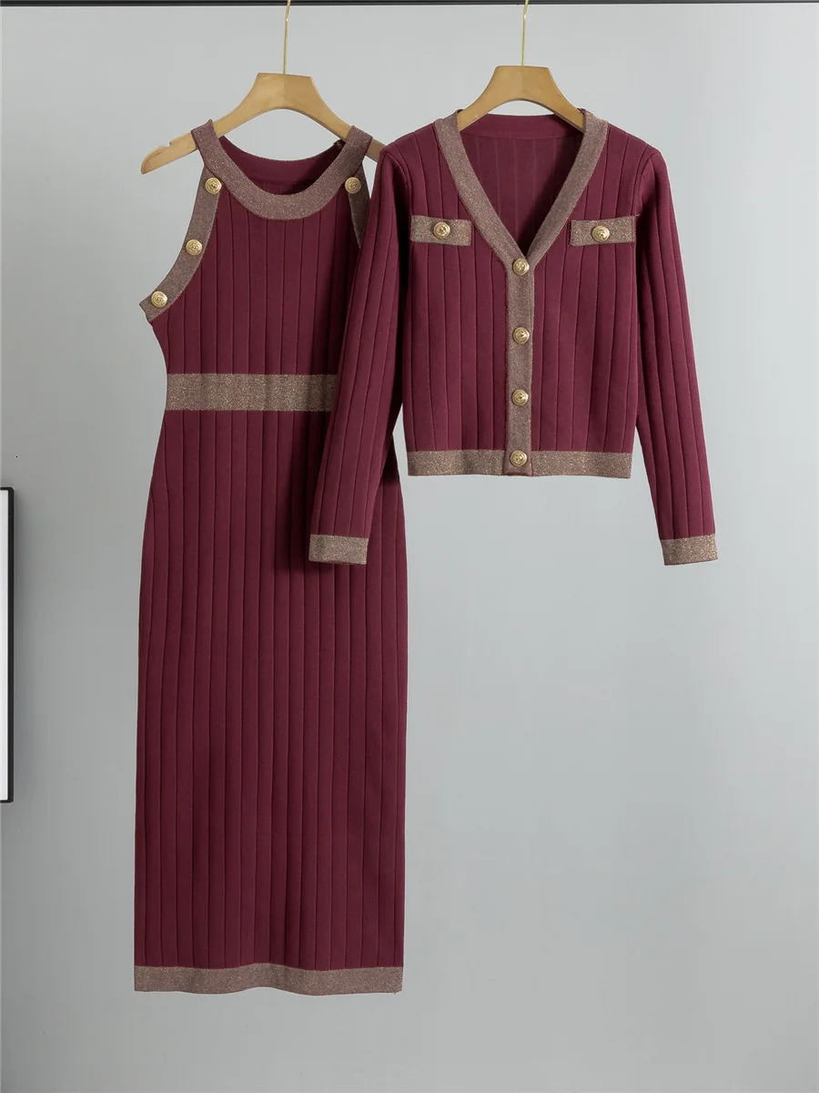 Elegant ultra-thin knitted 2-piece set for womens O-neck sleeveless knitted dress Conjuntos Korean long sleeved short cardigan top set 250210