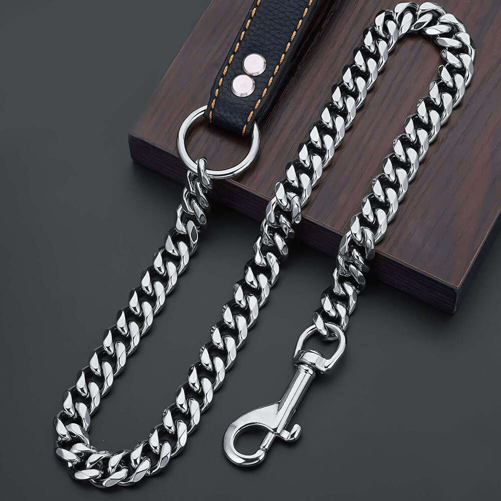 15mm stainless steel dog chain in steel/gold color, comfortable for non gripping dogs and pet supplies, black leather single six traction rope